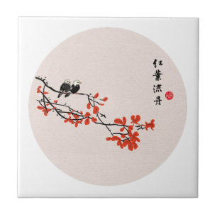 Azulejo De Cerâmica Vintage Chinês Pintura Aves de Outono Folhas Verme