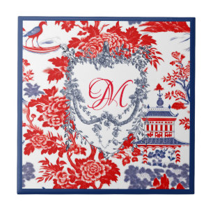 Azulejo De Cerâmica Vintage Chinoiserie Delft French red Blue monogram