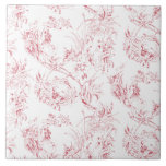 Azulejo De Cerâmica Vintage com fantasia floral francesa toile-pink<br><div class="desc">Elegante vintage do século 19,  padrão de toile rosa-em-branco adaptado a partir de um desenho francês na coleção Smithsonian com flores,  folhas e vinhas fantásticas com cupido,  guerreiro-indígenas e figuras humanas.</div>