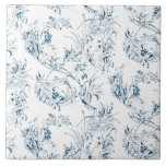 Azulejo De Cerâmica Vintage com gravação de fantasia floral francesa T<br><div class="desc">Elegante vintage do século 19,  padrão de toile azul-em-branco adaptado de um desenho francês na coleção Smithsonian com flores,  folhas e vinhas fantásticas com cupido,  guerreiro indígenas e figuras humanas.</div>