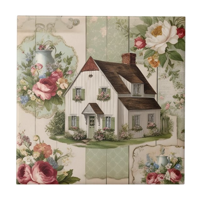 Azulejo De Cerâmica Vintage Cottage Floral (Frente)