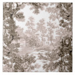 Azulejo De Cerâmica Vintage Cottage Landscape Toile-Brown & White<br><div class="desc">Padrão clássico da paisagem da safra toile de jouy,  que apresenta a casota rústica e a ponte numa clareira enquadrada por um pomar de árvores de tons claros e castanhos escuros sobre fundo branco. O padrão é perfeito e pode ser dimensionado para cima ou para baixo.</div>