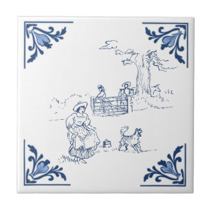 Azulejo De Cerâmica Vintage Country caminha com Dog Delft Blue e White