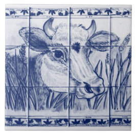 Azulejo De Cerâmica Vintage Cow Blue Art Dedham Delft Trivet