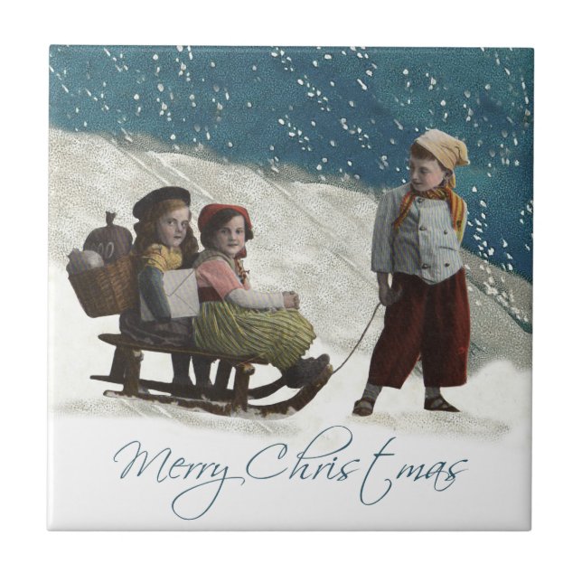 Azulejo De Cerâmica Vintage Crianças Dormem Natal (Frente)