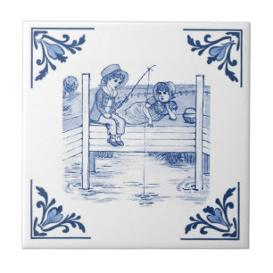 Azulejo De Cerâmica Vintage Crianças pescando Crianças Delft Azul e Br