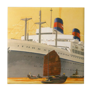 Azulejo De Cerâmica Vintage Cruise Ship to Orient with Junks Boats