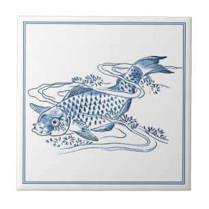 Azulejo De Cerâmica Vintage Delft Blue Japonês Desenho De Peixe-Peixe