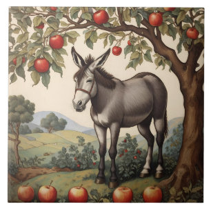 Azulejo De Cerâmica Vintage Donkey Sob Uma Árvore De Maçã