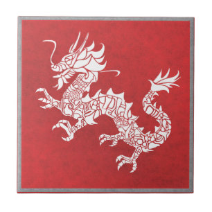 Azulejo De Cerâmica Vintage Dragão Chinês Tribal Emblem Red