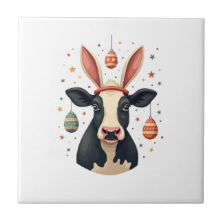 Azulejo De Cerâmica Vintage Easter Cow Bunny Ears Cute Farm Animal Egg