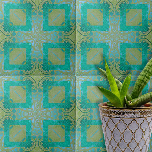 Azulejo De Cerâmica Vintage Elegant Damask Arabesque Teal e Dourado