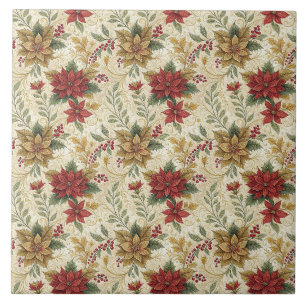 Azulejo De Cerâmica Vintage Elegant Red & Dourada Poinsettia Floral