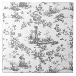 Azulejo De Cerâmica Vintage English Floral Toile de Jouy Cinza<br><div class="desc">Linda e sem costura padrão de jouy adaptado a partir de uma placa comercial inglesa gravada design por John Munns cerca de 1770 com ruínas clássicas,  portos marítimos,  pastores e terras florais. Cinza sobre fundo branco.</div>