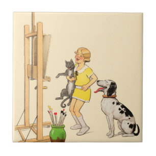 Azulejo De Cerâmica Vintage Engraçado Garota, Impressão de Gato de C