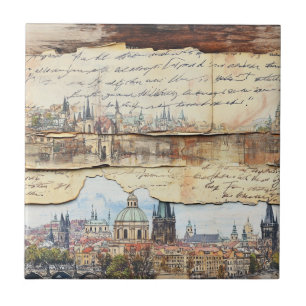 Azulejo De Cerâmica Vintage European Cityscape com letra manuscrita