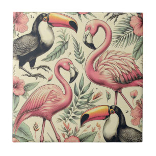 Azulejo De Cerâmica Vintage Flamingo e Toucan sem costura