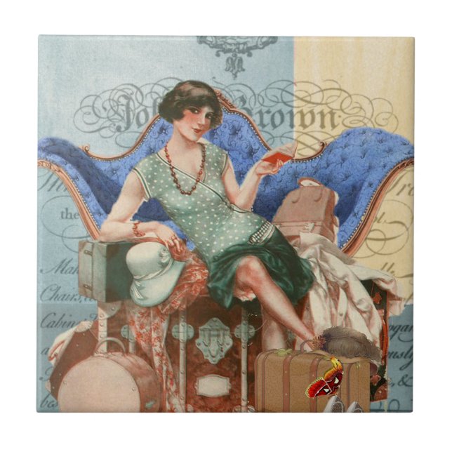 Azulejo De Cerâmica Vintage Flapper Girl em Paris (Frente)