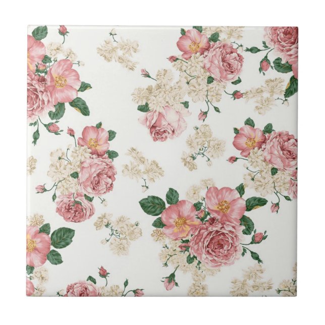 Azulejo De Cerâmica Vintage Floral em Branco (Frente)