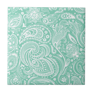 Azulejo De Cerâmica Vintage Floral Paisley Damasco Branco e Verde