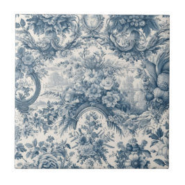 Azulejo De Cerâmica Vintage floral Toile de jouy monograma azul