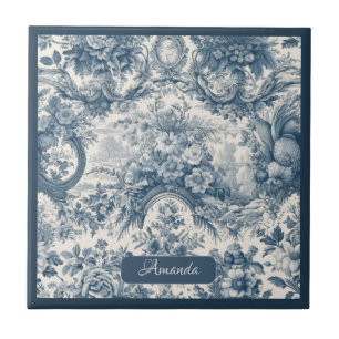 Azulejo De Cerâmica Vintage floral Toile de jouy monograma azul