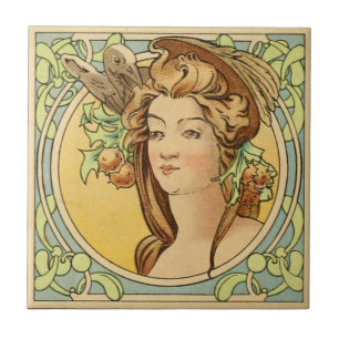 Azulejo De Cerâmica Vintage French Woman Art Nouveau Cerâmica