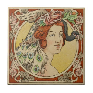 Azulejo De Cerâmica Vintage French Woman Red Art Nouveau