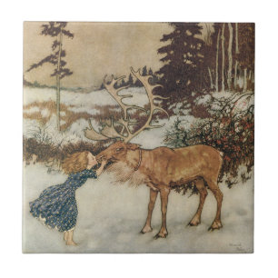 Azulejo De Cerâmica Vintage Gerda e o Reindeer de Edmund Dulac