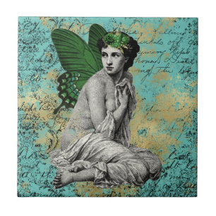 Azulejo De Cerâmica Vintage Green Fairy sobre Aqua Ephemera