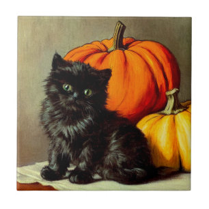 Azulejo De Cerâmica Vintage Halloween Black Cat e Pumpkins