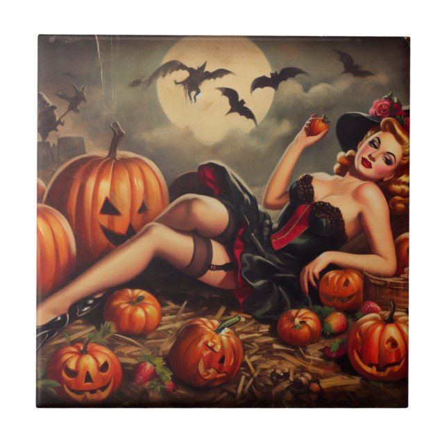 Azulejo De Cerâmica Vintage Halloween Pin Up (Frente)