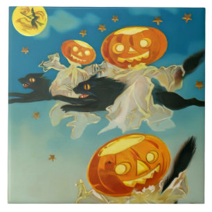 Azulejo De Cerâmica Vintage Halloween Pumpkin Fantasmas e Gatos Negros