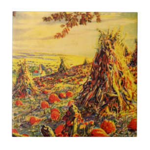 Azulejo De Cerâmica Vintage Halloween Pumpkin Patch com Haystacks