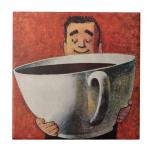 Azulejo De Cerâmica Vintage Happy Man Bebendo Xícara Gigante de Café