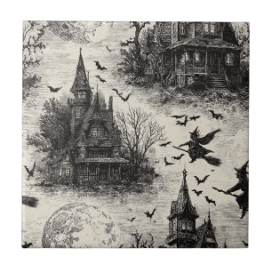 Azulejo De Cerâmica Vintage Haunted House and Witch Toile Standard