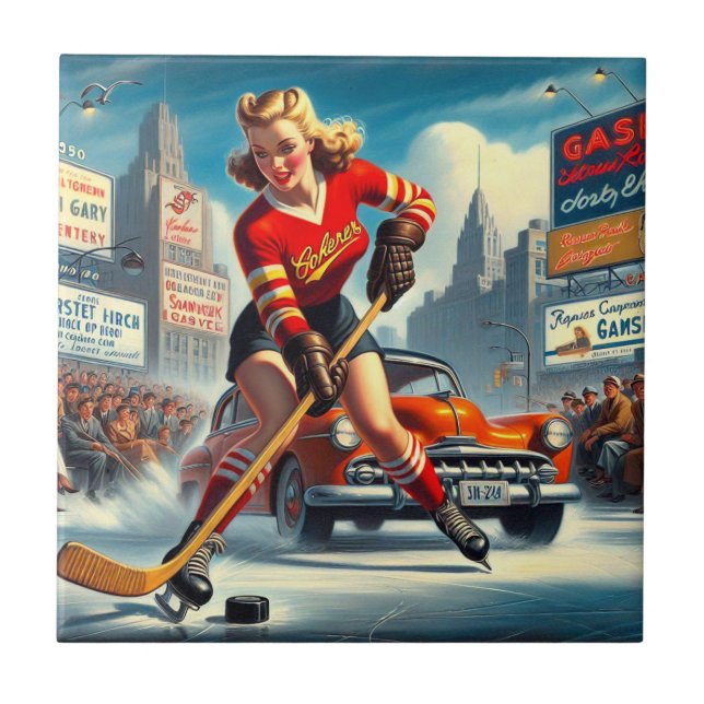 Azulejo De Cerâmica Vintage Hockey Girl (Frente)
