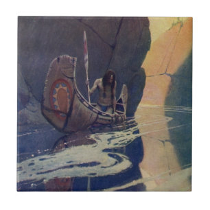 Azulejo De Cerâmica Vintage Indian Canoe remando Sun Classic