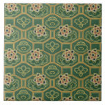 Azulejo De Cerâmica Vintage Japonês Floral<br><div class="desc">Padrão antigo da era vitoriana restaurado e adaptado a partir da coleção de designs japoneses tradicionais. Clusters de creme e flores cor-de-rosa sobre fundo geométrico de verde e ouro.</div>