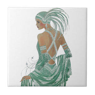 Azulejo De Cerâmica Vintage Ladies indo Impressão de Arte Verde