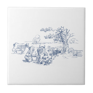 Azulejo De Cerâmica Vintage Leiteiras Vacas-ordenha Delft Blue White
