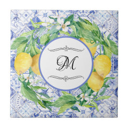 Azulejo De Cerâmica Vintage Lemon Floral, Azul, Branco, com Monograma