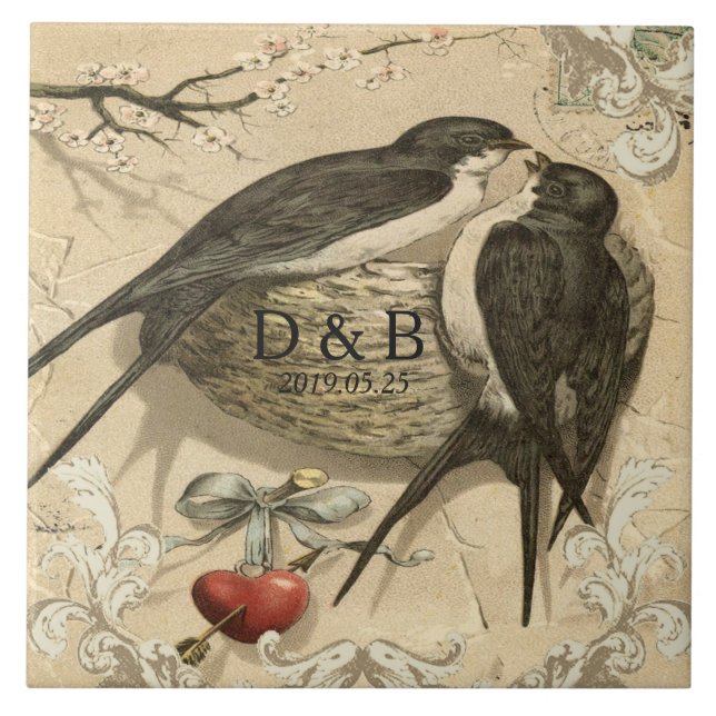 Azulejo De Cerâmica Vintage Love Birds Nest French Decor Date (Frente)