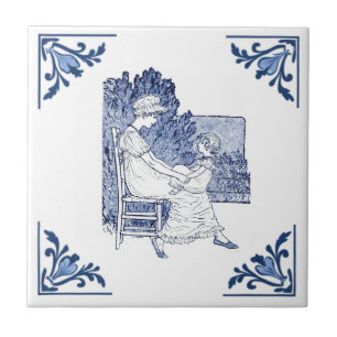 Azulejo De Cerâmica Vintage Mãe e Filho Delft Azul e Branco