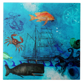 Azulejo De Cerâmica Vintage Mar Azul Profundo Marítimo