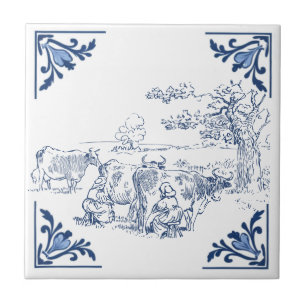 Azulejo De Cerâmica Vintage Milkmaids Ordenando Vacas Delft Blue White