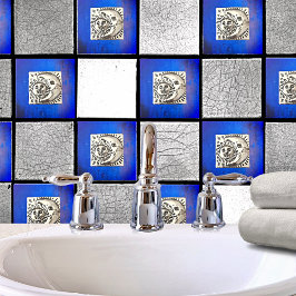 Azulejo De Cerâmica Vintage Moon e Sun Prateados Mexicanos Em Cerâmica