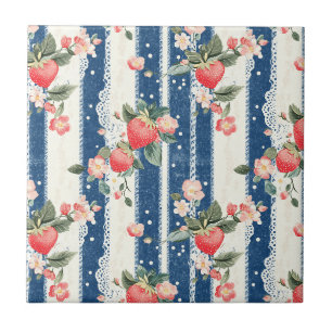 Azulejo De Cerâmica Vintage Morango Azul Cream Cottagecore