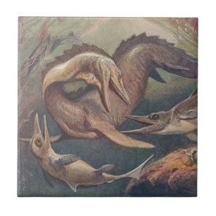 Azulejo De Cerâmica Vintage Mosassaurus vs. Iquitossauros Impressão
