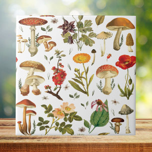 Azulejo De Cerâmica Vintage Mushroom e Wildflower Seamless Patterno